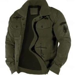 Men's Cotton Embroidered Military Jacket Cargo Jacket with Shoulder Straps Long Sleeve Standing Collar Multi-Pockets Coat Trucker Jacket Faith Letter Print Tactical Outerwear