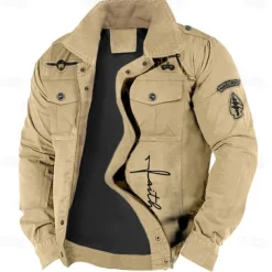 Men's Cotton Embroidered Military Jacket Cargo Jacket with Shoulder Straps Long Sleeve Standing Collar Multi-Pockets Coat Trucker Jacket Faith Letter Print Tactical Outerwear