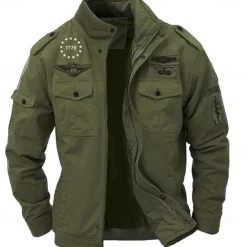 Men's Cotton Embroidered Military Jacket Cargo Jacket with Shoulder Straps Long Sleeve Standing Collar Multi-Pockets Coat Trucker Jacket 1776 Letter Print Tactical Outerwear