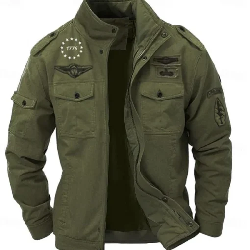 Men's Cotton Embroidered Military Jacket Cargo Jacket with Shoulder Straps Long Sleeve Standing Collar Multi-Pockets Coat Trucker Jacket 1776 Letter Print Tactical Outerwear