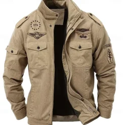 Men's Cotton Embroidered Military Jacket Cargo Jacket with Shoulder Straps Long Sleeve Standing Collar Multi-Pockets Coat Trucker Jacket 1776 Letter Print Tactical Outerwear