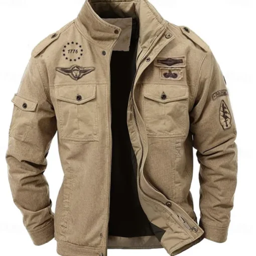 Men's Cotton Embroidered Military Jacket Cargo Jacket with Shoulder Straps Long Sleeve Standing Collar Multi-Pockets Coat Trucker Jacket 1776 Letter Print Tactical Outerwear