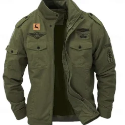 Men's Cotton Embroidered Military Jacket Cargo Jacket with Shoulder Straps Long Sleeve Standing Collar Multi-Pockets Coat Trucker Jacket Reindeer Print Tactical Outerwear