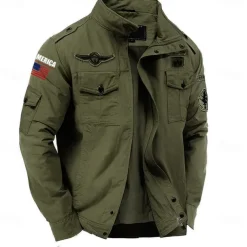 Men's Cotton Embroidered Military Jacket Windbreaker with Shoulder Straps Long Sleeve Standing Collar Multi-Pockets Trucker Jacket US Flag Print Tactical Outerwear