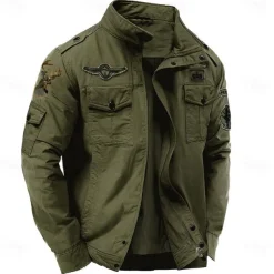 Men's Cotton Embroidered Military Jacket Windbreaker with Shoulder Straps Long Sleeve Standing Collar Multi-Pockets Trucker Jacket Reindeer Print Tactical Outerwear