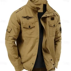 Men's Cotton Embroidered Military Jacket Cargo Jacket with Shoulder Straps Long Sleeve Standing Collar Multi-Pockets Coat Trucker Jacket Tactical Outerwear