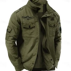 Men's Cotton Embroidered Military Jacket Cargo Jacket with Shoulder Straps Long Sleeve Standing Collar Multi-Pockets Coat Trucker Jacket Tactical Outerwear