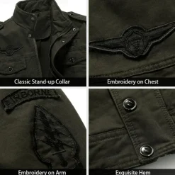 Men's Cotton Embroidered Military Jacket Cargo Jacket with Shoulder Straps Long Sleeve Standing Collar Multi-Pockets Coat Trucker Jacket Tactical Outerwear