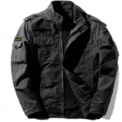 Men's Cotton Embroidered Military Jacket Cargo Jacket with Shoulder Straps Long Sleeve Standing Collar Multi-Pockets Coat Trucker Jacket Star Print Tactical Outerwear