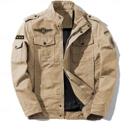 Men's Cotton Embroidered Military Jacket Cargo Jacket with Shoulder Straps Long Sleeve Standing Collar Multi-Pockets Coat Trucker Jacket Star Print Tactical Outerwear