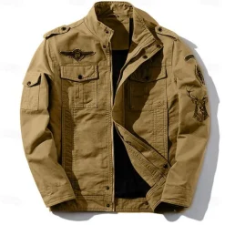 Men's Cotton Embroidered Military Jacket Cargo Jacket with Shoulder Straps Long Sleeve Standing Collar Multi-Pockets Coat Trucker Jacket Christmas Reindeer Print Tactical Outerwear