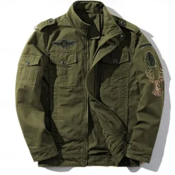 Men's Cotton Embroidered Military Jacket Cargo Jacket with Shoulder Straps Long Sleeve Standing Collar Multi-Pockets Coat Trucker Jacket Christmas Reindeer Print Tactical Outerwear