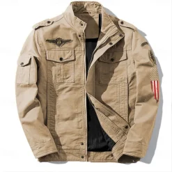 Men's Cotton Embroidered Military Jacket Cargo Jacket with Shoulder Straps Long Sleeve Standing Collar Multi-Pockets Coat Trucker Jacket US Flag Print Tactical Outerwear