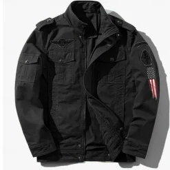 Men's Cotton Embroidered Military Jacket Cargo Jacket with Shoulder Straps Long Sleeve Standing Collar Multi-Pockets Coat Trucker Jacket US Flag Print Tactical Outerwear