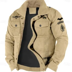 Men's Cotton Embroidered Military Jacket Cargo Jacket with Shoulder Straps Long Sleeve Standing Collar Multi-Pockets Coat Trucker Jacket Tactical Outerwear