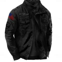 Men's Cotton Embroidered Military Jacket Windbreaker with Shoulder Straps Long Sleeve Standing Collar Multi-Pockets Trucker Jacket American US Flag Print Tactical Outerwear