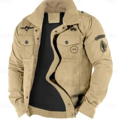 Men's Cotton Embroidered Military Jacket Cargo Jacket with Shoulder Straps Long Sleeve Standing Collar Multi-Pockets Coat Trucker Jacket 1776 Letter Print Tactical Outerwear