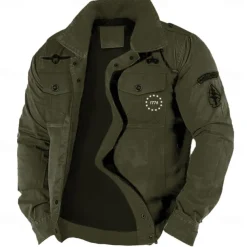 Men's Cotton Embroidered Military Jacket Cargo Jacket with Shoulder Straps Long Sleeve Standing Collar Multi-Pockets Coat Trucker Jacket 1776 Letter Print Tactical Outerwear