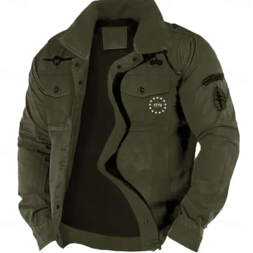 Men's Cotton Embroidered Military Jacket Cargo Jacket with Shoulder Straps Long Sleeve Standing Collar Multi-Pockets Coat Trucker Jacket 1776 Letter Print Tactical Outerwear