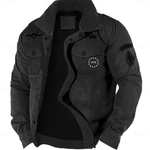 Men's Cotton Embroidered Military Jacket Cargo Jacket with Shoulder Straps Long Sleeve Standing Collar Multi-Pockets Coat Trucker Jacket 1776 Letter Print Tactical Outerwear