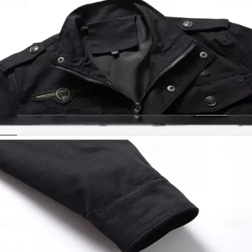 Men's Cotton Embroidered Military Jacket Cargo Jacket with Shoulder Straps Long Sleeve Standing Collar Multi-Pockets Coat Trucker Jacket 1776 Letter Print Tactical Outerwear