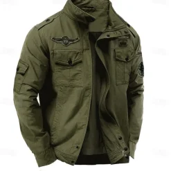 Men's Cotton Embroidered Military Jacket Cargo Jacket with Shoulder Straps Long Sleeve Standing Collar Multi-Pockets Coat Trucker Jacket Act My Age Print Tactical Outerwear