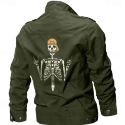 Men's Cotton Embroidered Military Jacket Cargo Jacket with Shoulder Straps Long Sleeve Standing Collar Multi-Pockets Coat Trucker Jacket Skull Print Tactical Outerwear