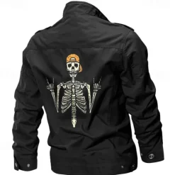Men's Cotton Embroidered Military Jacket Cargo Jacket with Shoulder Straps Long Sleeve Standing Collar Multi-Pockets Coat Trucker Jacket Skull Print Tactical Outerwear