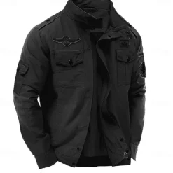 Men's Cotton Embroidered Military Jacket Cargo Jacket with Shoulder Straps Long Sleeve Standing Collar Multi-Pockets Coat Trucker Jacket Skull Print Tactical Outerwear