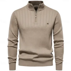 Men's Cotton Knit Vertical Stripes Half Zip Knitwear Elegant Christmas Gifts Home Clothing Apparel Fall Winter Black Navy Blue S M L