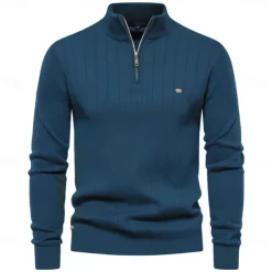 Men's Cotton Knit Vertical Stripes Half Zip Knitwear Elegant Christmas Gifts Home Clothing Apparel Fall Winter Black Navy Blue S M L