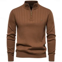 Men's Cotton Knit Vertical Stripes Half Zip Knitwear Elegant Christmas Gifts Home Clothing Apparel Fall Winter Black Navy Blue S M L