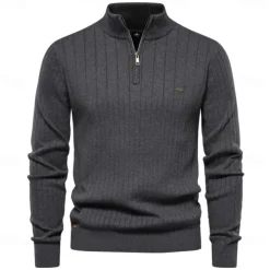 Men's Cotton Knit Vertical Stripes Half Zip Knitwear Elegant Christmas Gifts Home Clothing Apparel Fall Winter Black Navy Blue S M L