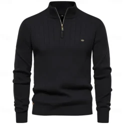 Men's Cotton Knit Vertical Stripes Half Zip Knitwear Elegant Christmas Gifts Home Clothing Apparel Fall Winter Black Navy Blue S M L
