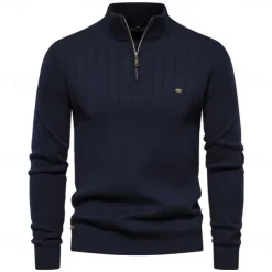 Men's Cotton Knit Vertical Stripes Half Zip Knitwear Elegant Christmas Gifts Home Clothing Apparel Fall Winter Black Navy Blue S M L