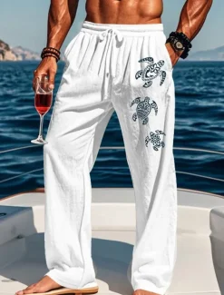 Men's Cotton Linen Pants Drawstring Elastic Waist Wide Leg Baggy Pants Turtle Sea Creatures Comfort Full Length Outdoor Streetwear Vacation Hawaiian Trousers White Blue Micro-elastic