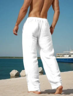 Men's Cotton Linen Pants Drawstring Elastic Waist Wide Leg Baggy Pants Turtle Sea Creatures Comfort Full Length Outdoor Streetwear Vacation Hawaiian Trousers White Blue Micro-elastic