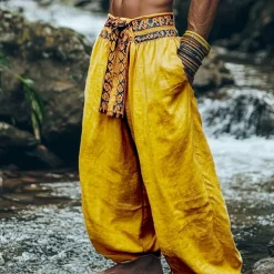 Men's Cotton Linen Pants Summer Pants Bloomers Baggy Pants Pocket Color Block Comfort Breathable Daily Holiday Retro Vintage Chinese Style Yellow