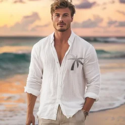Men's Cotton Linen Shirt Palm Tree Outdoor Vacation White Blue Long Sleeve Turndown Summer Spring Clothing Apparel