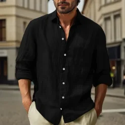 Men's Cotton Linen Shirt Plain Vacation Black White Pink Sky Blue Long Sleeve Turndown Clothing Apparel
