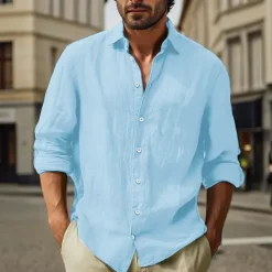 Men's Cotton Linen Shirt Plain Vacation Black White Pink Sky Blue Long Sleeve Turndown Clothing Apparel