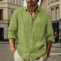 Men's Cotton Linen Shirt Plain Vacation Black White Pink Sky Blue Long Sleeve Turndown Clothing Apparel