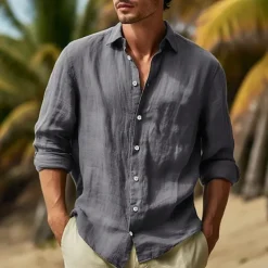 Men's Cotton Linen Shirt Plain Vacation Black White Pink Sky Blue Long Sleeve Turndown Clothing Apparel