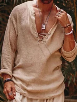Men's Cotton Linen Shirt Summer Shirt Casual Shirt Beach Shirt Beige Long Sleeve Plain V Neck Spring & Summer Casual Daily Clothing Apparel Drawstring