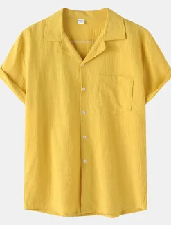 Men's Cotton Linen Shirt White Cotton Shirt Summer Shirt Casual Shirt Cuban Collar Shirt Plain Vacation Hawaiian Black White Yellow Green Short Sleeve Lapel Spring & Summer Clothing Apparel Pocket