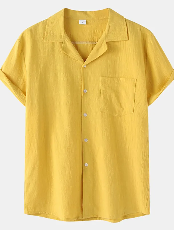 Men's Cotton Linen Shirt White Cotton Shirt Summer Shirt Casual Shirt Cuban Collar Shirt Plain Vacation Hawaiian Black White Yellow Green Short Sleeve Lapel Spring & Summer Clothing Apparel Pocket
