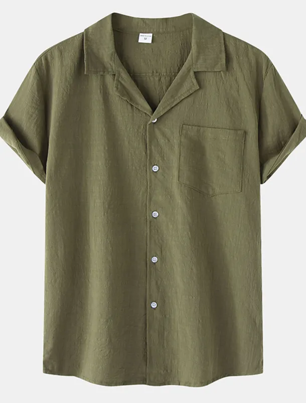 Men's Cotton Linen Shirt White Cotton Shirt Summer Shirt Casual Shirt Cuban Collar Shirt Plain Vacation Hawaiian Black White Yellow Green Short Sleeve Lapel Spring & Summer Clothing Apparel Pocket