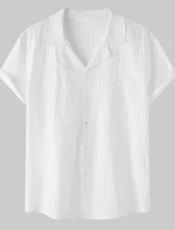 Men's Cotton Linen Shirt White Cotton Shirt Summer Shirt Casual Shirt Cuban Collar Shirt Plain Vacation Hawaiian Black White Yellow Green Short Sleeve Lapel Spring & Summer Clothing Apparel Pocket