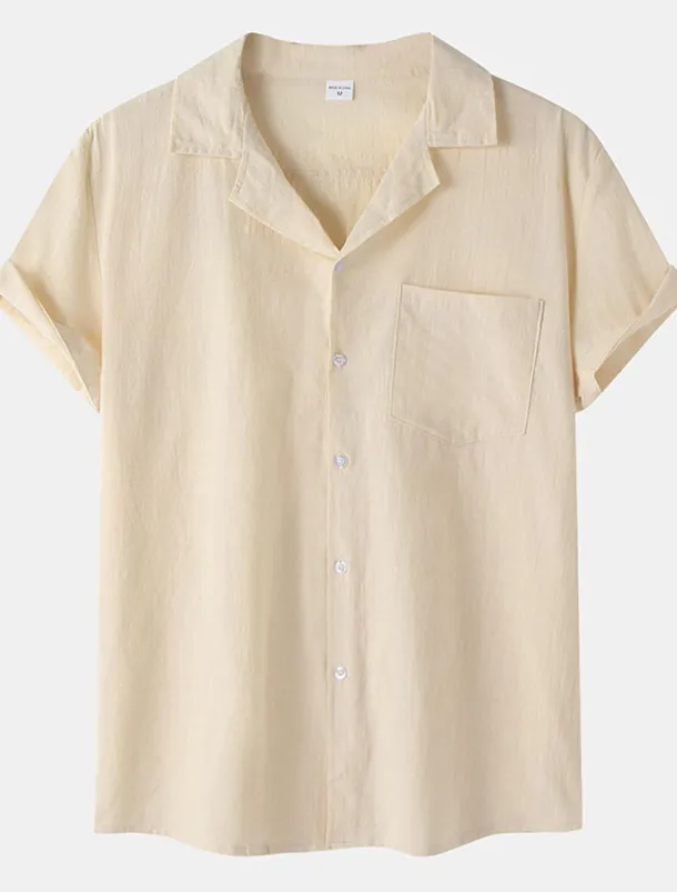 Men's Cotton Linen Shirt White Cotton Shirt Summer Shirt Casual Shirt Cuban Collar Shirt Plain Vacation Hawaiian Black White Yellow Green Short Sleeve Lapel Spring & Summer Clothing Apparel Pocket