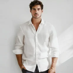 Men's Cotton Linen Shirt White Light Blue Long Sleeve Solid Color Shirt Collar School Formal Buttons Clothing Apparel Elegant Vacation Vintage Tropical